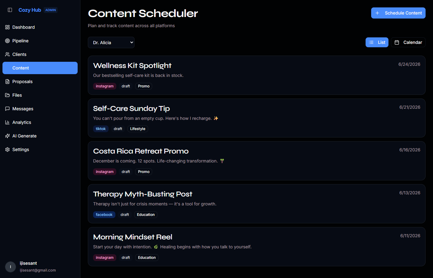 Screenshot of the Dr. Alicia content scheduler dashboard